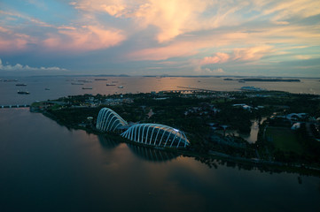 Skyline of Singapore at a beautiful sunset (Drone)