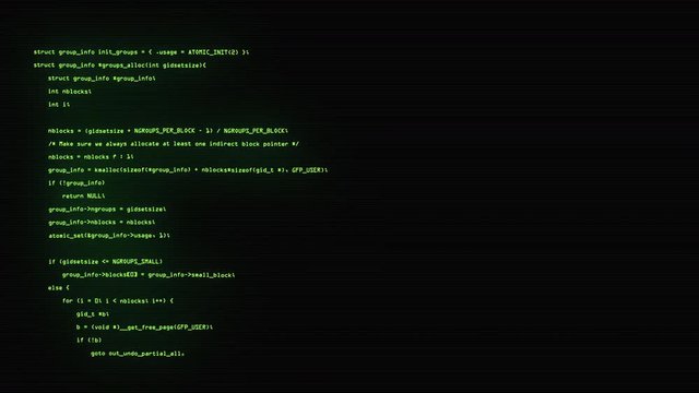 Front view from software source code parts with green characters. Programming code running down in terminal