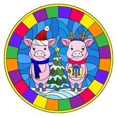 Illustration in stained glass style with a pair of cartoon pigs and a Christmas tree on a background of snow and sky,round image in bright frame