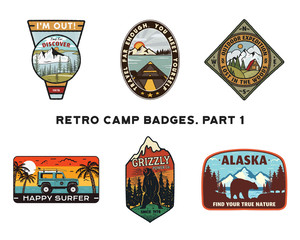 Set of retro Wanderlust Logos Emblems. Vintage hand drawn travel badges. Different camp, forest activities scenes . Included custom adventure quotes. Stock vector hike insignias isolated on white
