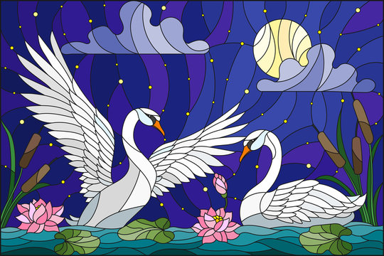 Illustration in stained glass style with pair of Swans , Lotus flowers and reeds on a pond in the moon, starry sky and clouds