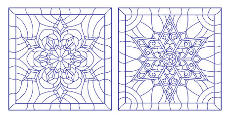 Set contour illustrations of stained glass with snowflakes in the framework of, square image,blue outlines on white background