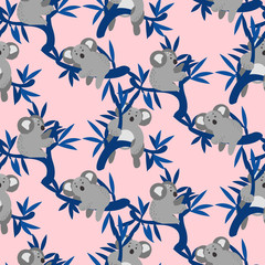 Seamless pattern with cute koala bears on eucalyptus tree. Pink vector repeat background for apparel print. © YoPixArt