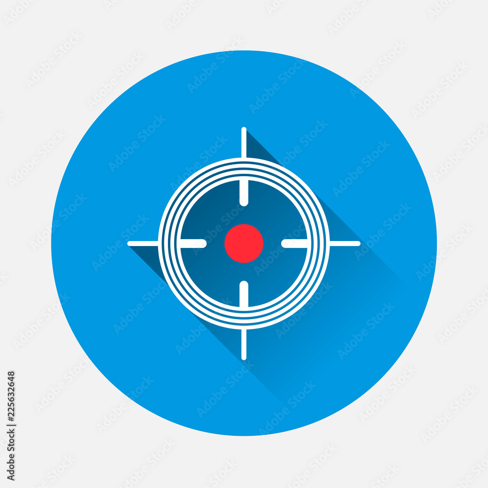 Poster target vector icon on blue background. flat image symbol of the target with long shadow. layers grou