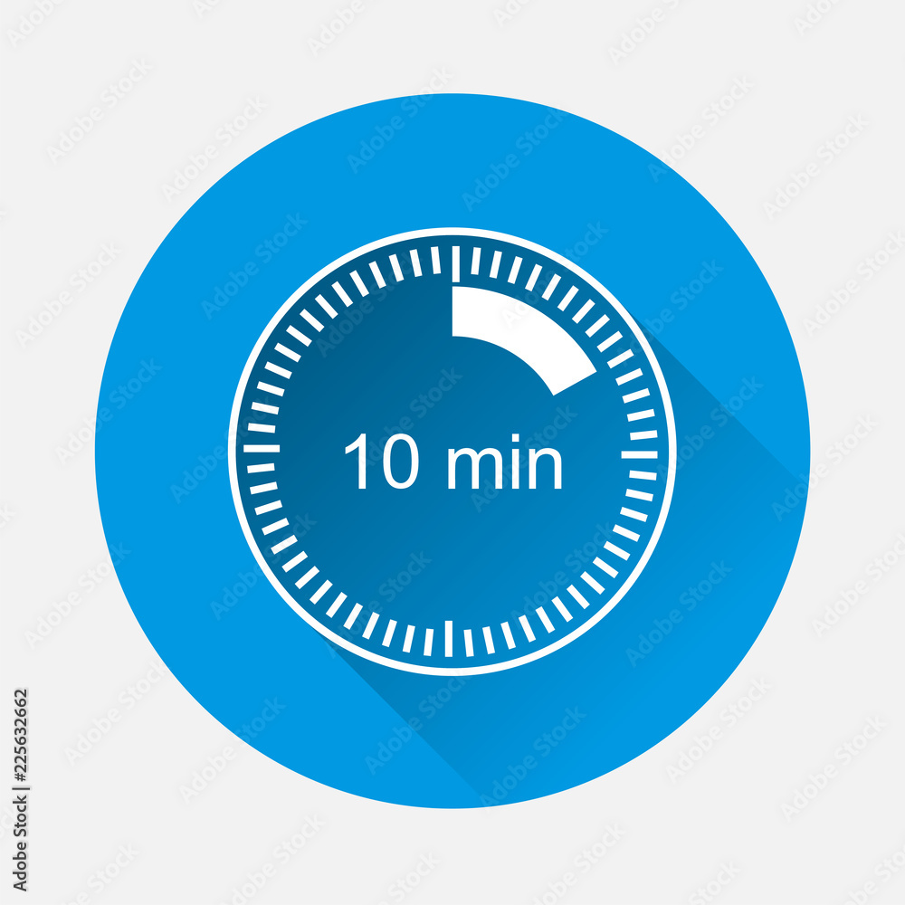 Poster a clock icon indicating the time span of 10 minutes on blue background. flat image time span is ten 