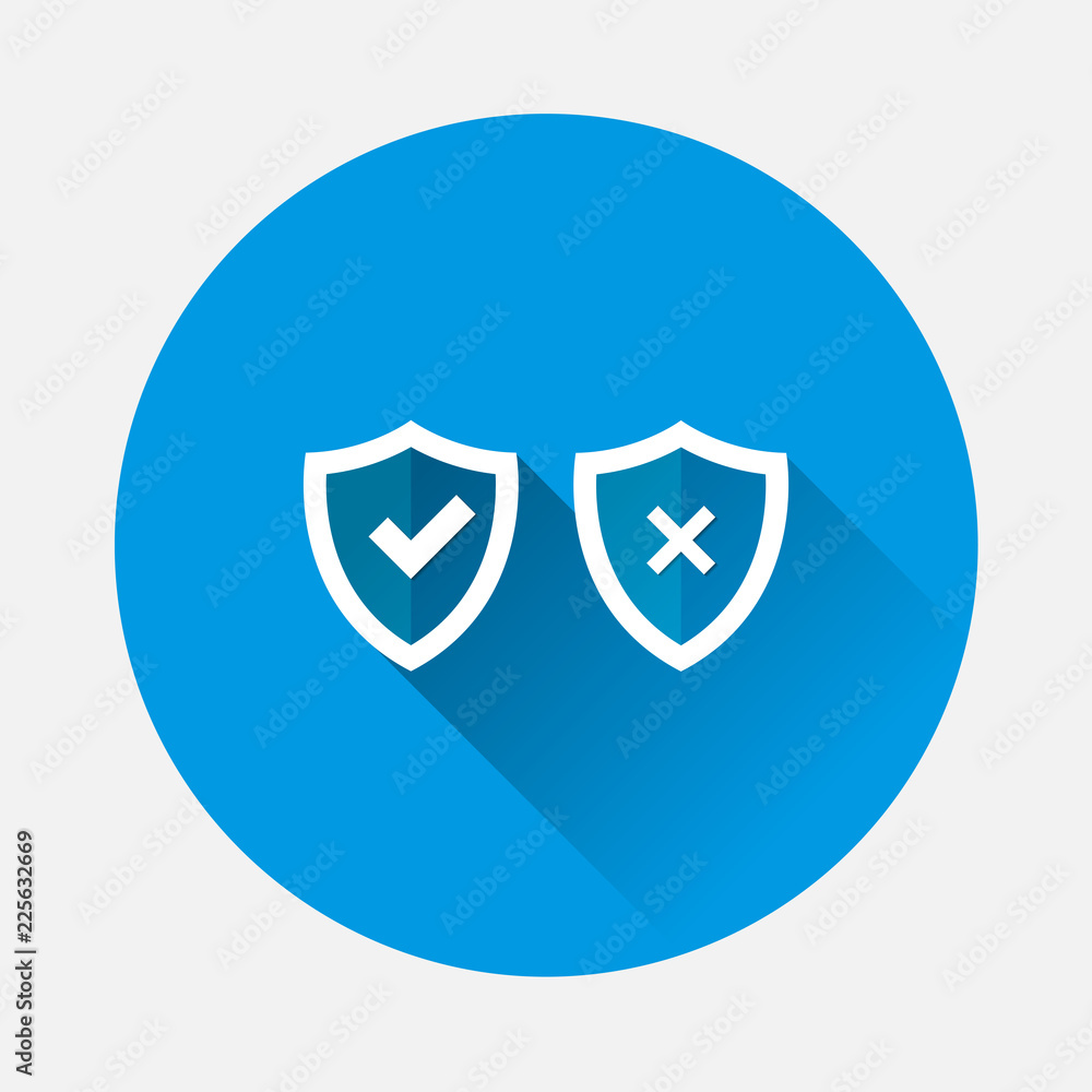 Poster vector illustration set of shield with tick and cross on blue background. flat image symbol of prote