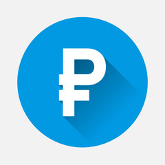  Russian currency ruble vector icon on blue background. Flat image symbol of the ruble with long shadow. Layers grouped for easy editing illustration. For your design.