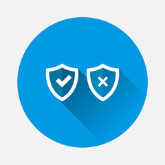Vector illustration set of  shield with tick and cross on blue background. Flat image symbol of protection and reliabilitywith long shadow. 