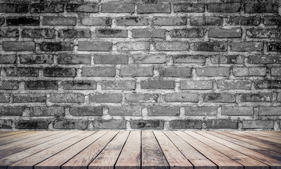 Old wood plank with abstract old brick wall background for product display with black and white filter