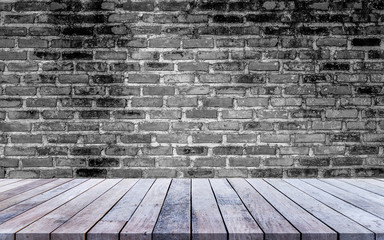 Old wood plank with abstract old brick wall background for product display with black and white filter