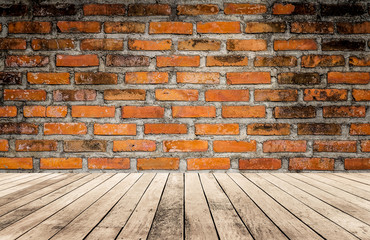 Old wood plank with abstract old brick wall background for product display