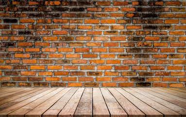 Old wood plank with abstract old brick wall background for product display