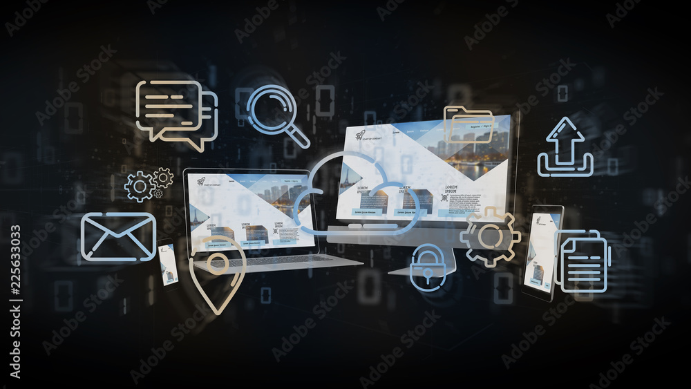 Aufkleber devices connected to a cloud multimedia network 3d rendering
