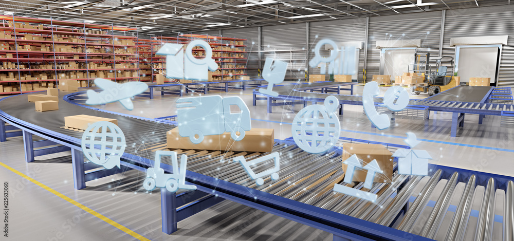 Aufkleber logistic organisation on a warehouse background 3d rendering