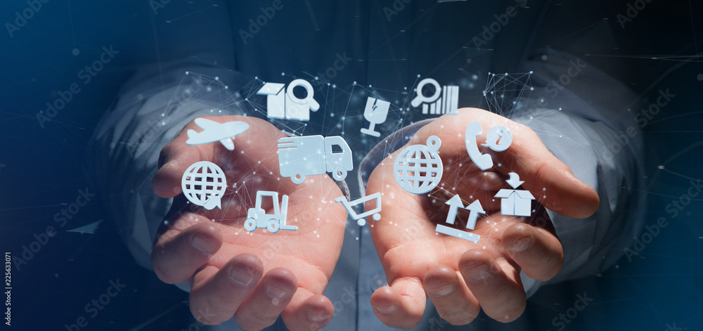 Poster businessman holding a logistic organisation with icon and connection 3d rendering
