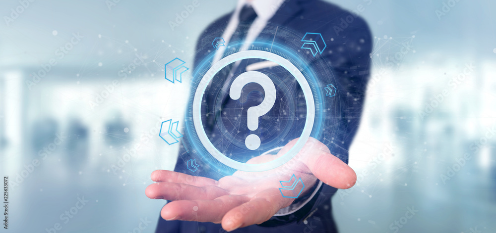 Poster man holding a technology question mark icon on a circle 3d rendering