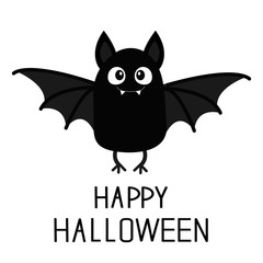 Happy Halloween. Bat vampire. Cute cartoon baby character with big open wing, ears, legs. Black silhouette. Forest animal. Flat design. White background. Isolated. Greeting card.