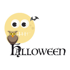 Halloween - gufo appollaiato sulla lettera H e la luna lo guarda da dietro in compagnia di un pipistrello.