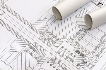 Engineer's drawing with rolls blueprint close up