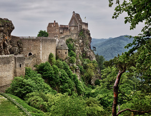 Fototapeta premium Old castle ruins with the view to Danube river valley. Aggstein, Austria, Wachau valley, popular travel destination.