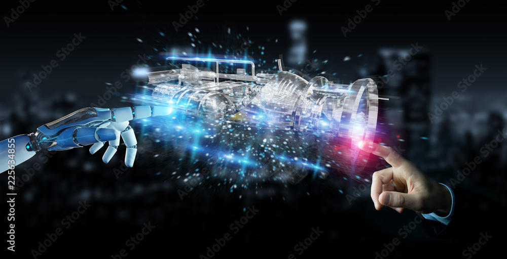 Aufkleber cyborg using wireframe holographic 3d digital projection of an engine