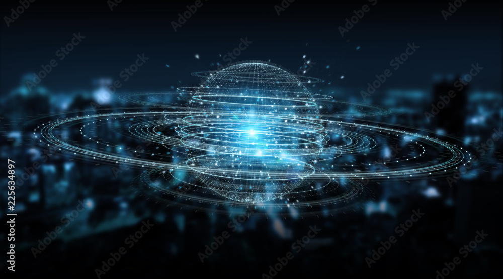Poster digital sphere connection hologram 3d rendering