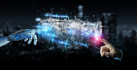 Cyborg using wireframe holographic 3D digital projection of an engine