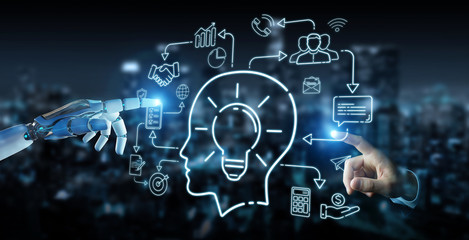 White humanoid creating artificial intelligence interface