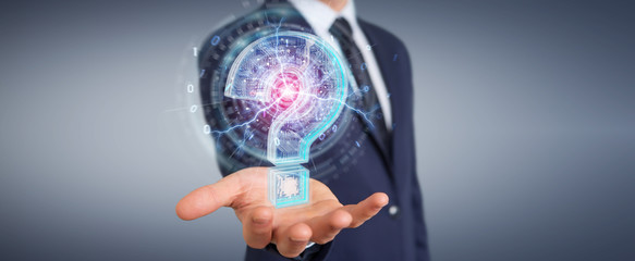 Businessman solving problem with digital question marks 3D rendering
