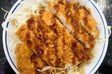 Tonkatsu donburi japanese fried pork rice bowl with special tonkatsu sauce