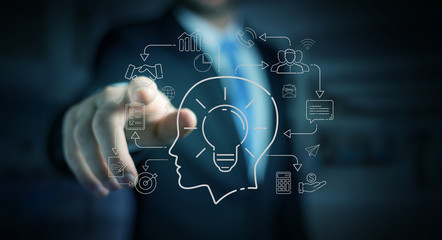 Businessman using thin line icon project plan presentation
