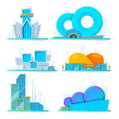 Fantastic buildings of future. Vector cartoon pictures town construction, skyscraper architectural, famous stadium and office illustration