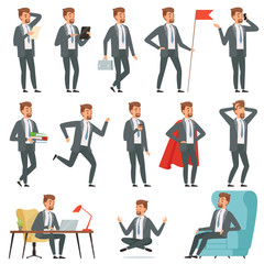 Characters of businessman. Set of businessman in various action poses. Business man worker, entrepreneur professional, vector illustration