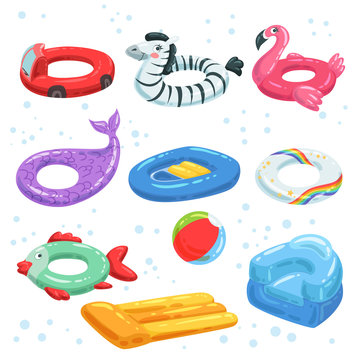 Various rubber equipment for water park. Vector pictures of inflatable toys. Swim equipment circle inflatable and bright illustration