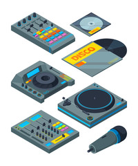 DJ isometric tools. Various instruments for DJ. Vector equipment dj, audio mixer and record illustration