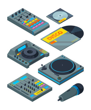 DJ isometric tools. Various instruments for DJ. Vector equipment dj, audio mixer and record illustration