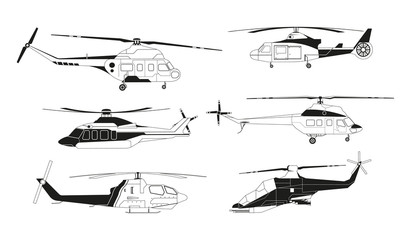 Black helicopters silhouettes. Vector pictures of avia transportation. Transport silhouette, transportation with propeller rotor illustration