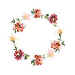 Watercolor wreath with flowers and leaves in circle. Colorful fl