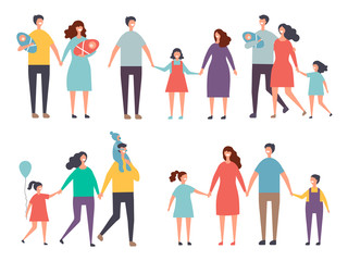 Male and female couples. Childrens and family couples characters isolate on white. Family mother father girl and boy, vector illustration