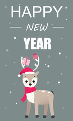Happy New Year greeting card with cute cartoon deer with gifts.