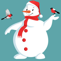 christmas snowman and bullfinches. vector picture