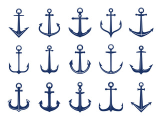 Marine anchor icons. Designs of navy symbols anchors ship or boat. Vector marine retro logotypes template. Anchor marine collection illustration © ONYXprj