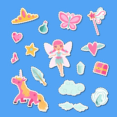 Vector cute cartoon magic and fairytale elements stickers set illustration. Fairytale magic, fairy and fantasy unicorn