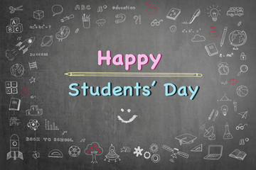 Happy international students day with doodle on chalkboard background