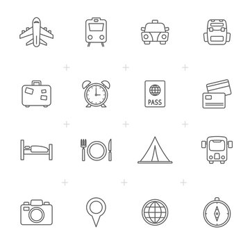 Line Travel, trip and transportation icons - vector icon set
