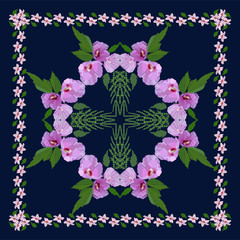 Beautiful flowers and leaves. Floral pattern for textile print, scarf, shawl. Vector illustration in hand drawn style.