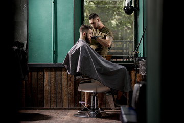Brutal man with beard sits in a chire at a barber shop. Handsome barber shaves hairs at the side.