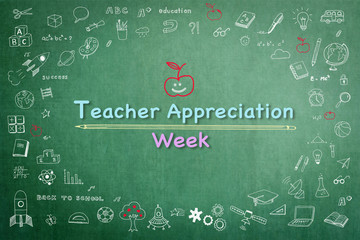 National teacher appreciation week on green chalkboard with doodle