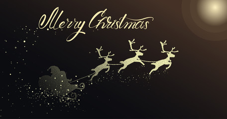 Merry Christmas greeting card with Santa Claus and deers.