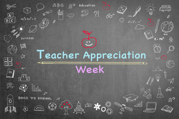 National teacher appreciation week on black chalkboard with doodle